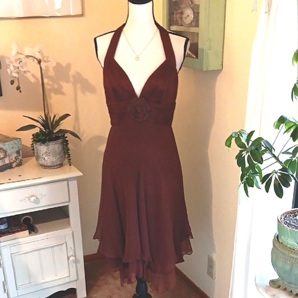 Laundry By Shelli Segal Handkerchief Hem  Silk Halter Dress In Rich Brown